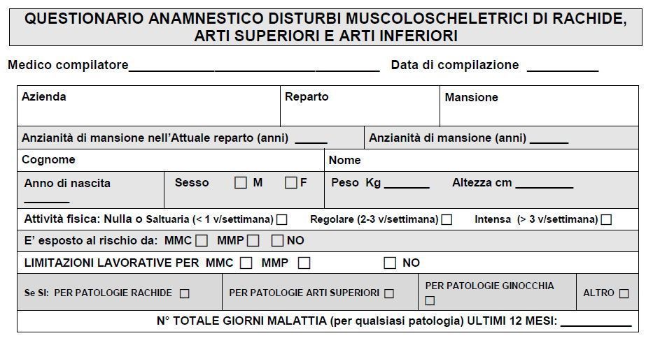Questionario anamnestico per disturbi muscoloscheletrici